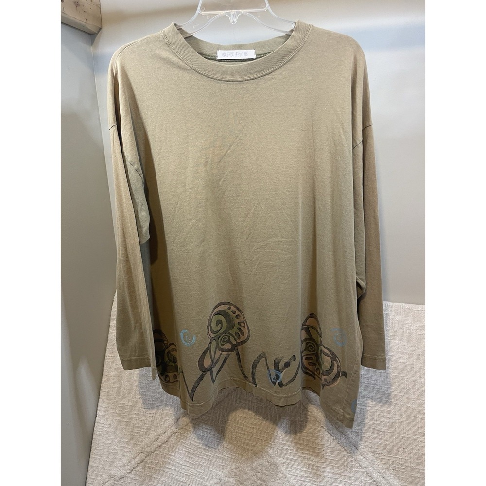 Blue Fish Hand Printed Taupe Long Sleeve Tunic Tee Tribal Swirl Patch USA 90s 2